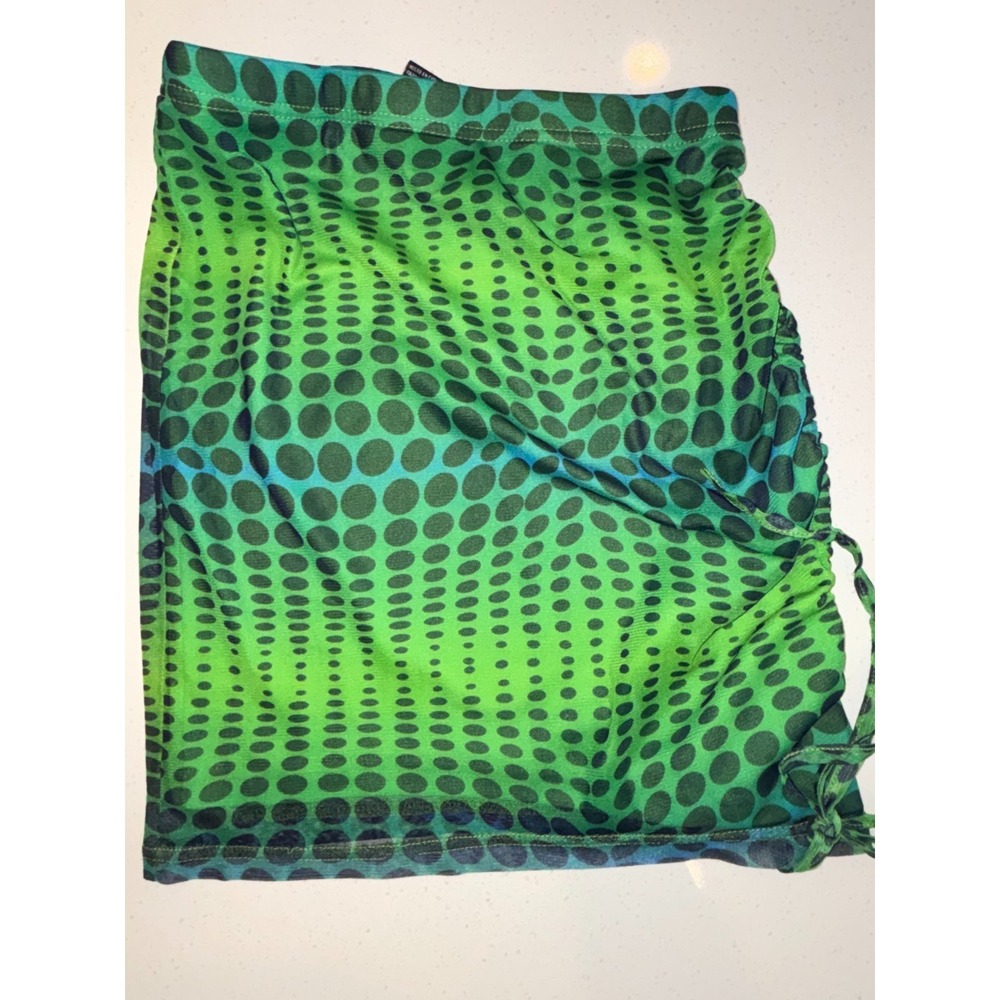 Forever 21 Mini Skirt Womens Medium Green Black Pebble Print Ruched Side Tie
